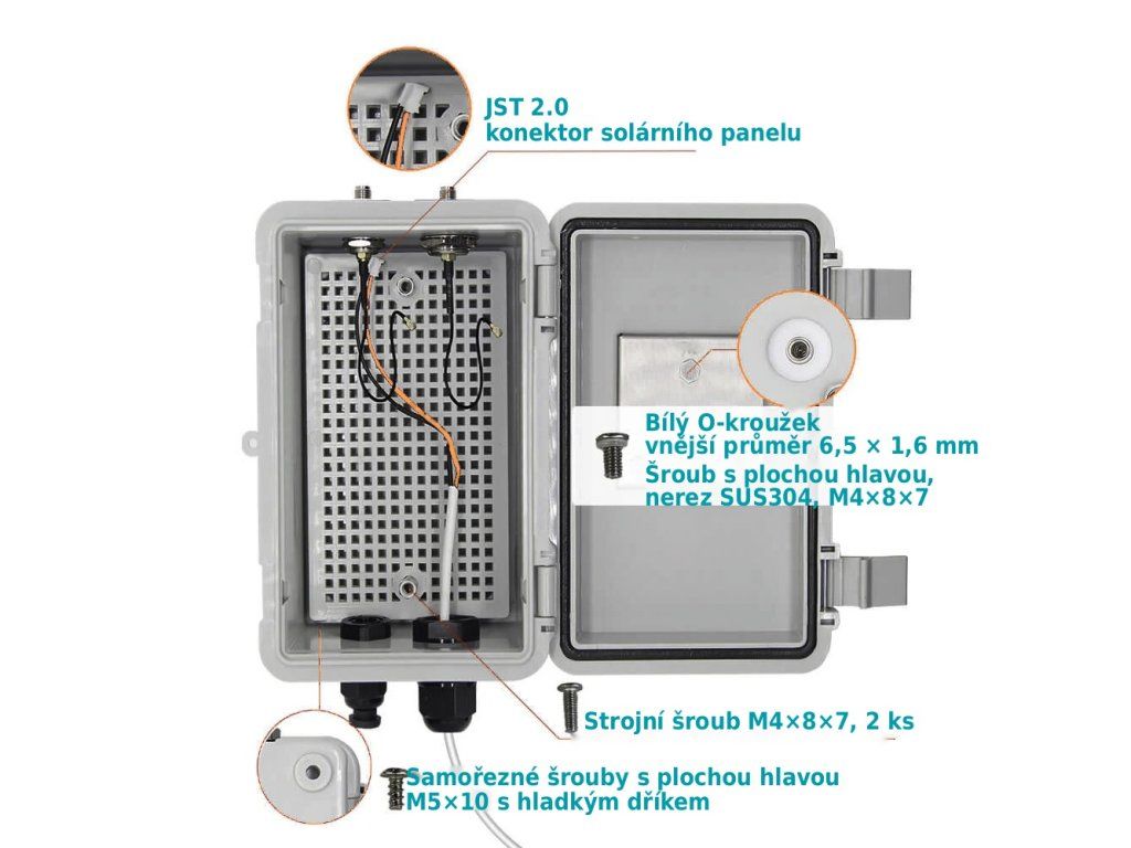 LILYGO T-Solar Kit - obsah voděodolné krabičky, konektor JST 2.0 a spojovací materiál